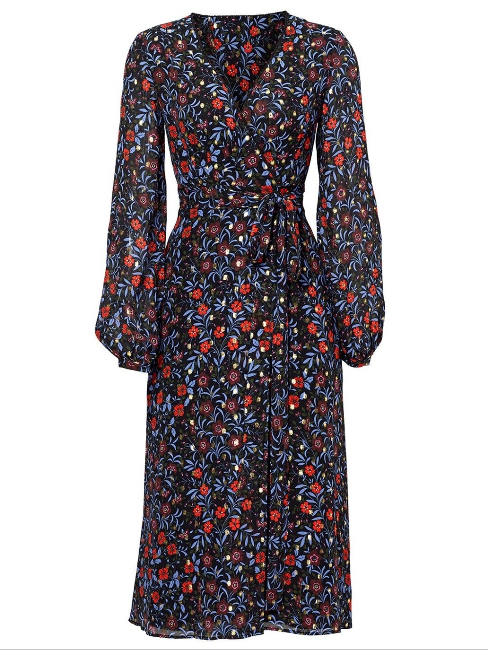 Cynthia Rowley Folk Floral Silk Wrap Dress with Gold Midi Size 0